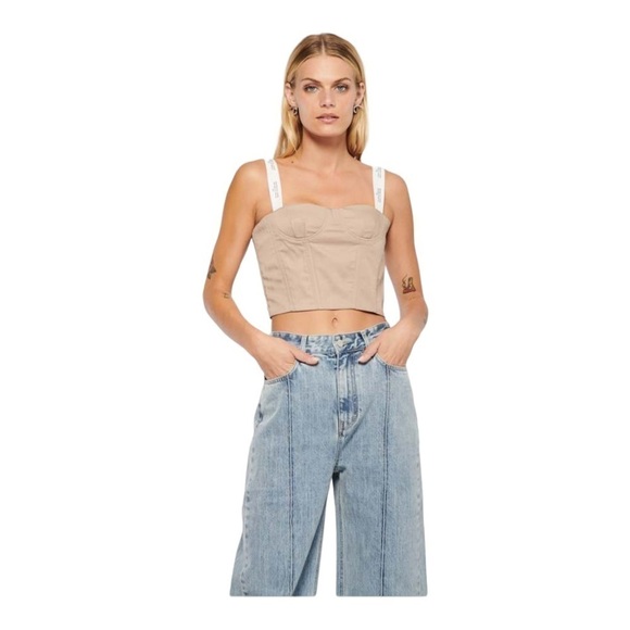 NWT ROKH Tan Logo Ribbon Bustier Crop Top Size 38, US 4-6 - Picture 2 of 9